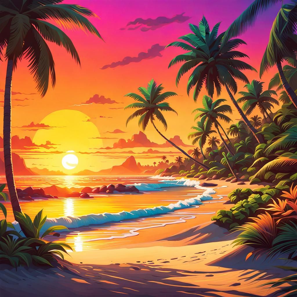 Vibrant Beach Scene at Golden Sunset