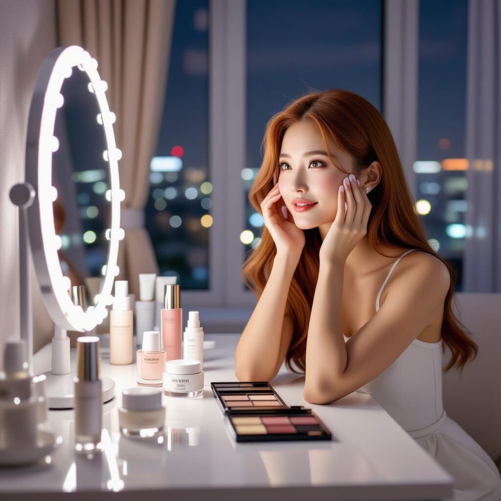 Japanese Woman at Makeup Table in Romantic Bedroom