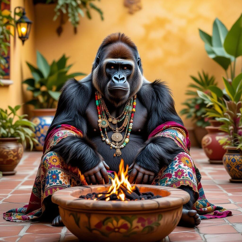 Gorilla in Bohemian Jewelry on Mexican Patio