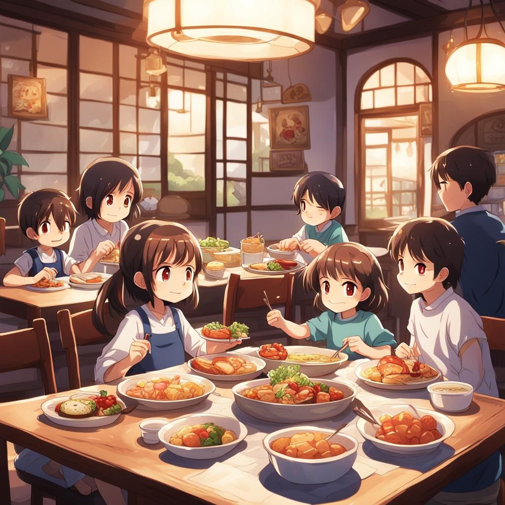 Cartoon Girl's Anime Family Dinner Scene