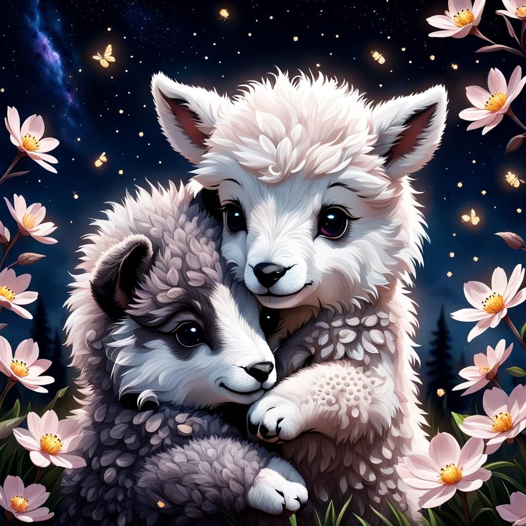 Cute Baby Sheep and Wolf Hugging in 3D Digital Art