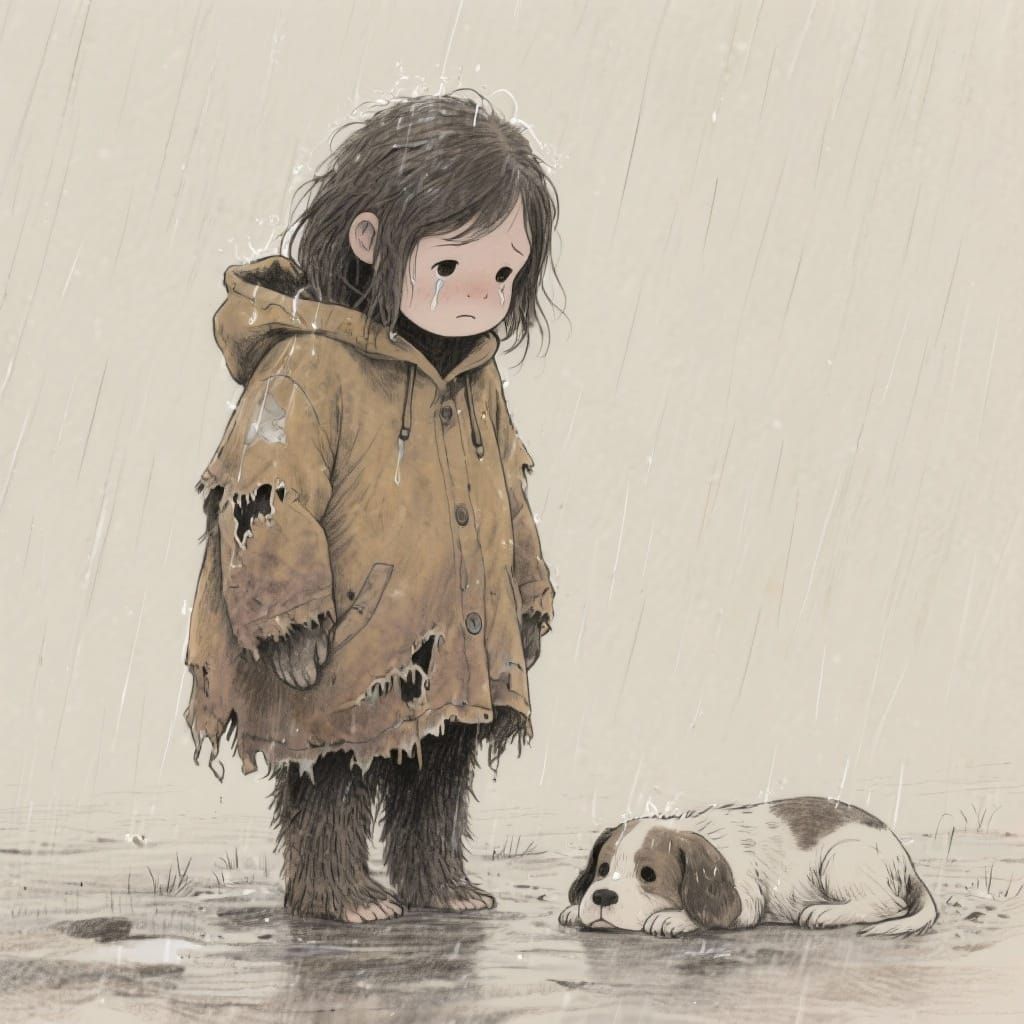 Sasquatch Child and Puppy in Rain, Pencil Drawing