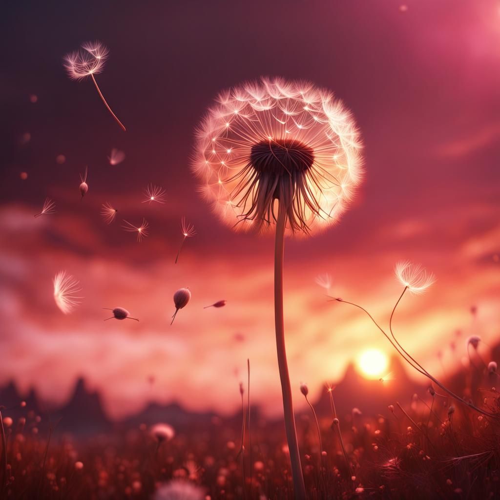 Dandelion Seeds in Red Sunset: Fantasy Concept Art