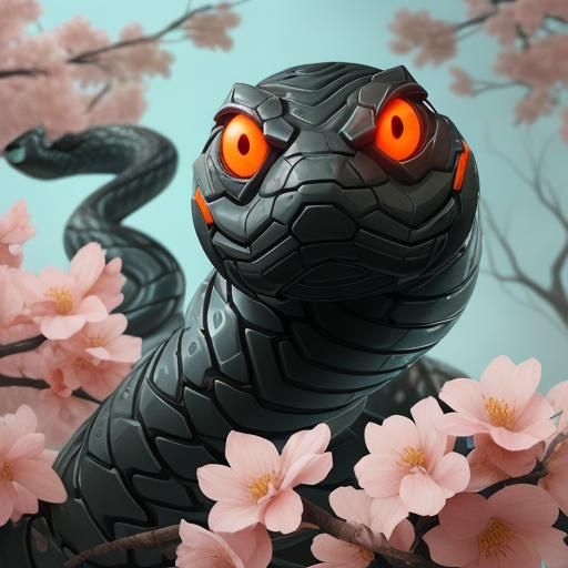Cybernetic Snake with Orange Eyes on Flowering Tree