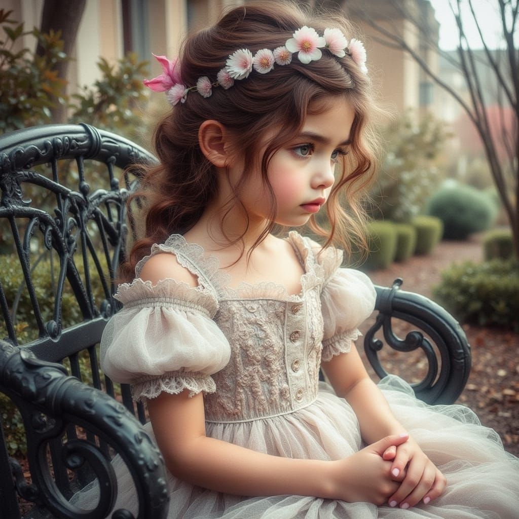 Girl in Detailed Lacy Dress on Ornate Iron Bench