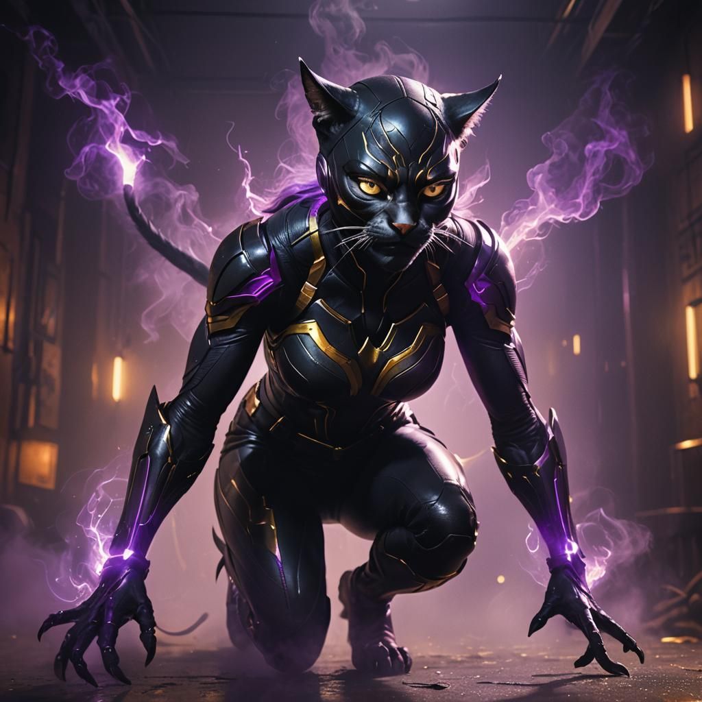 Eerie Mist: Crouching Cat-Woman Portrait in Ethereal Style