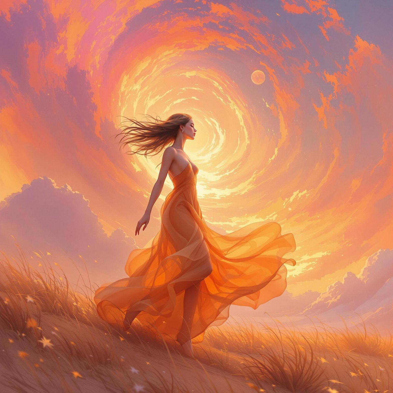 Surreal Sunset Goddess Dances in Vibrant Dreamscapes