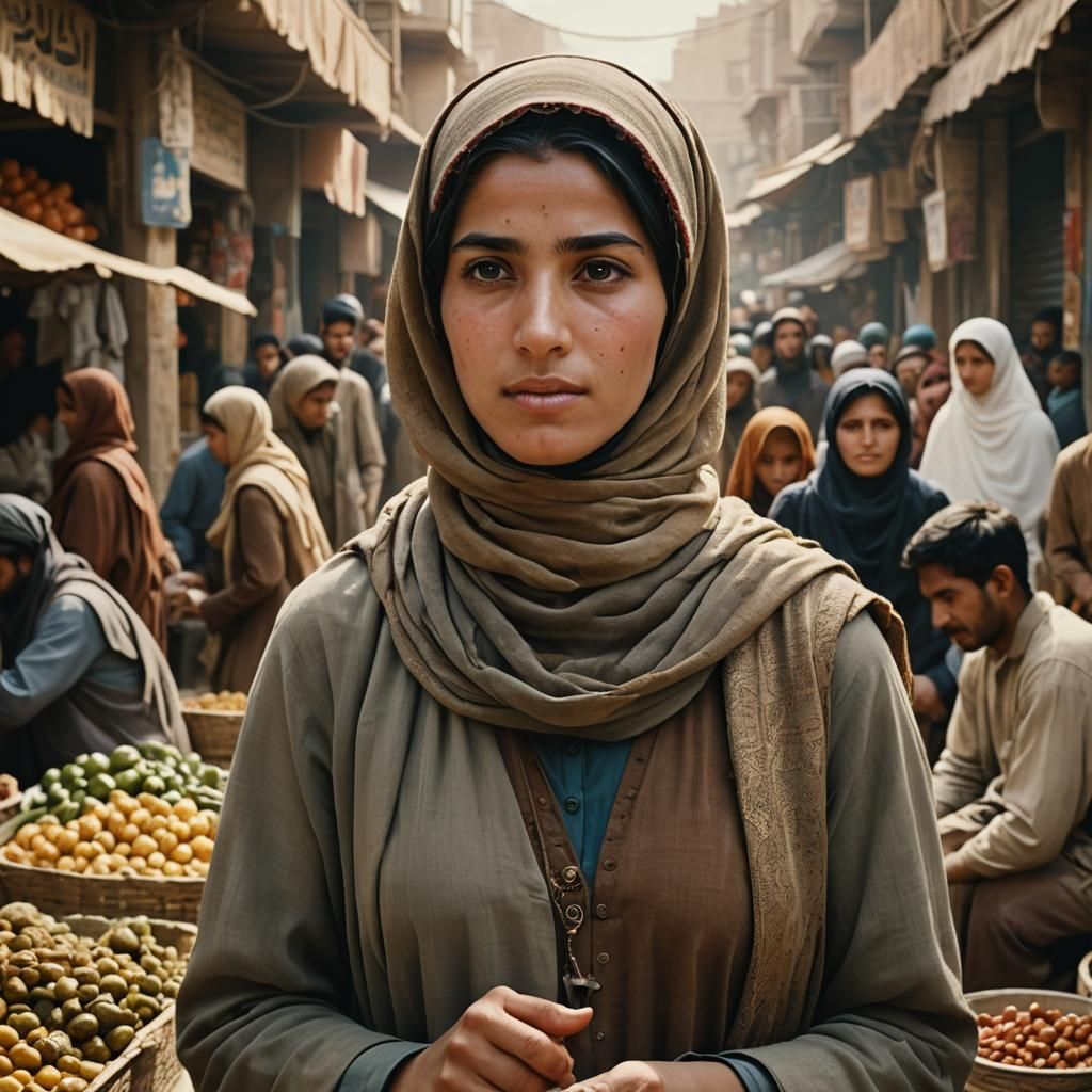 Afghan Woman in Hijab: Cinematic Market Scene
