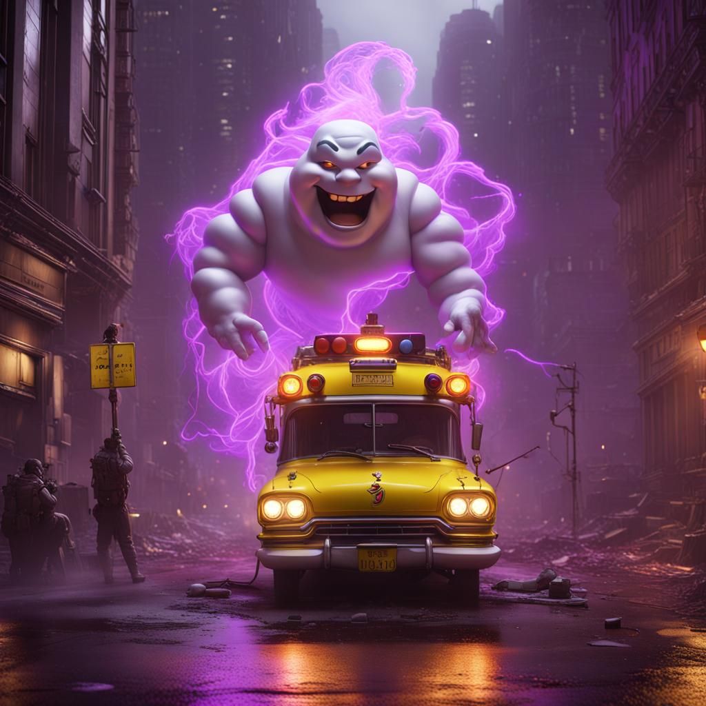Ghostbusters vs Marshmallow Man: Dark Fantasy Concept Art