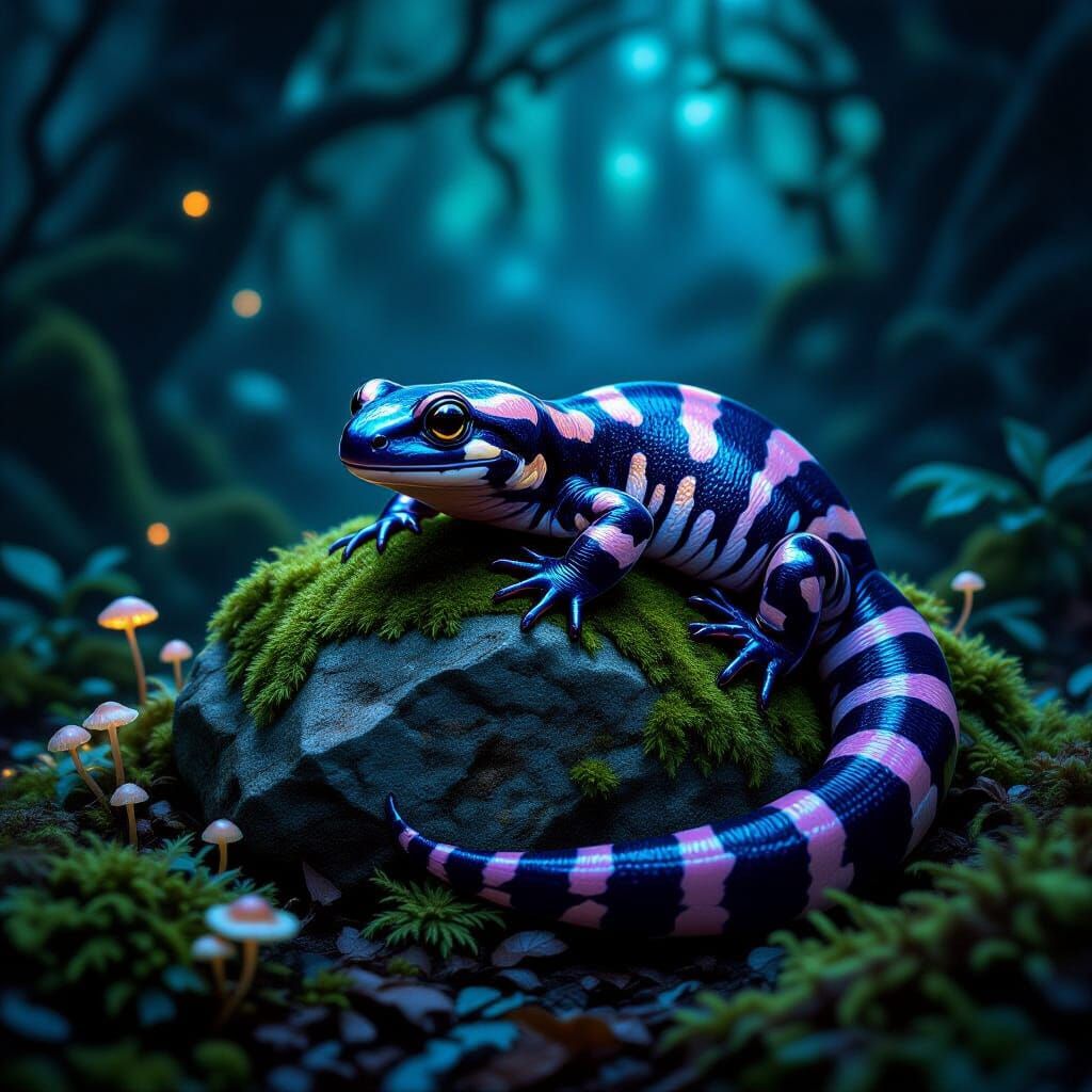Banded Salamander on Ancient Stone in Mystical Forest