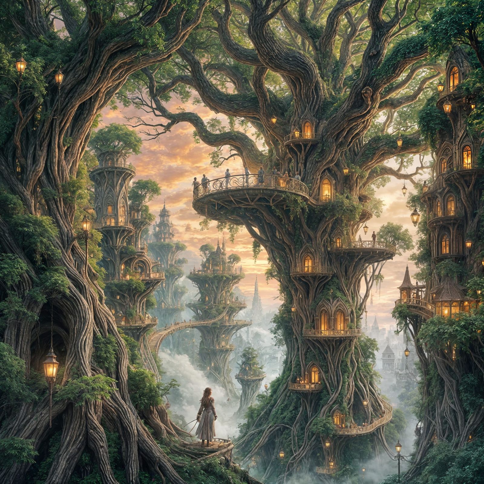 Elven Tree Metropolis in Sunset Glow