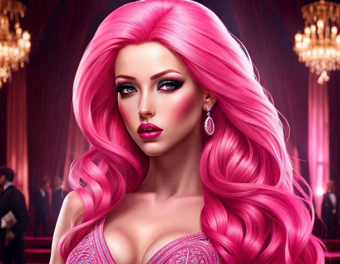 Beautiful Woman with Pink Hair in Ballroom Gown