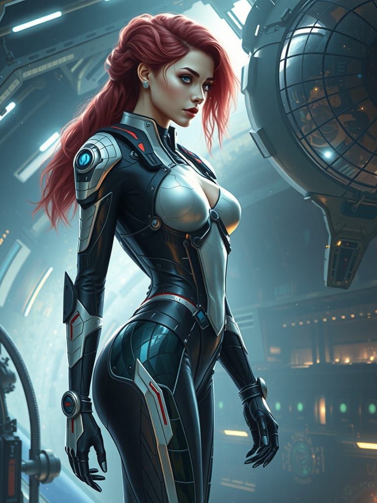 Grimdark Female Astronaut in Cybernetic Exosuit Gazing at Ga...