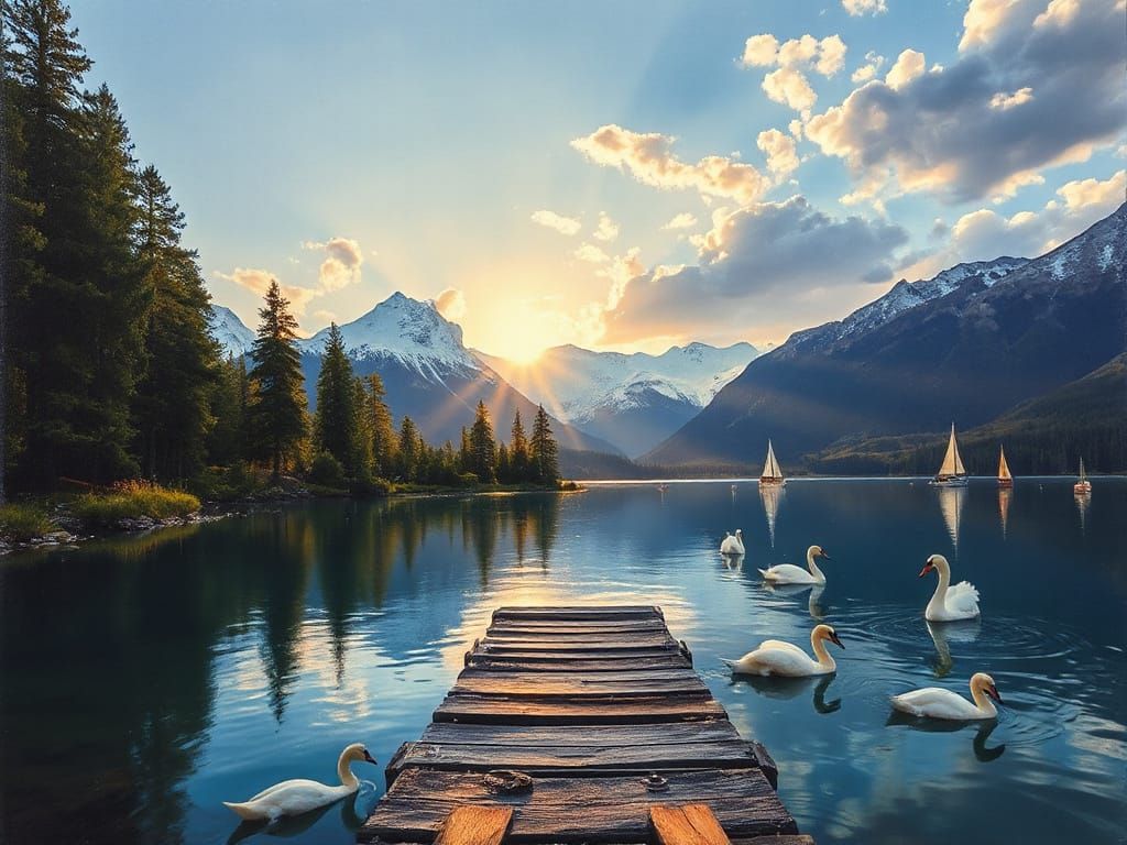 Serene Lake at Dusk in Oil Painting Style