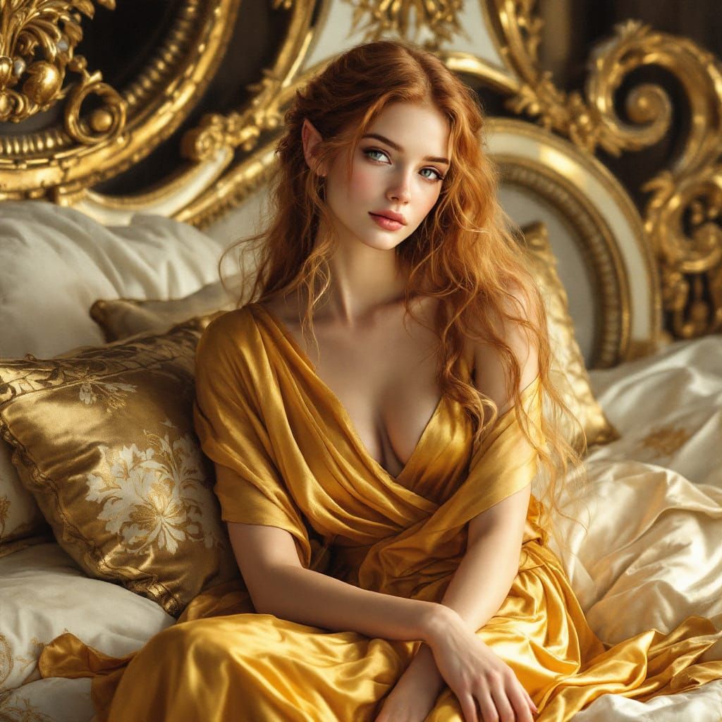 Elegant Elf Woman in Golden Greek Dress