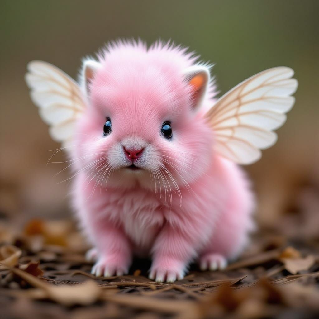 Cute Pink Creature with Button Nose and Feather Wings