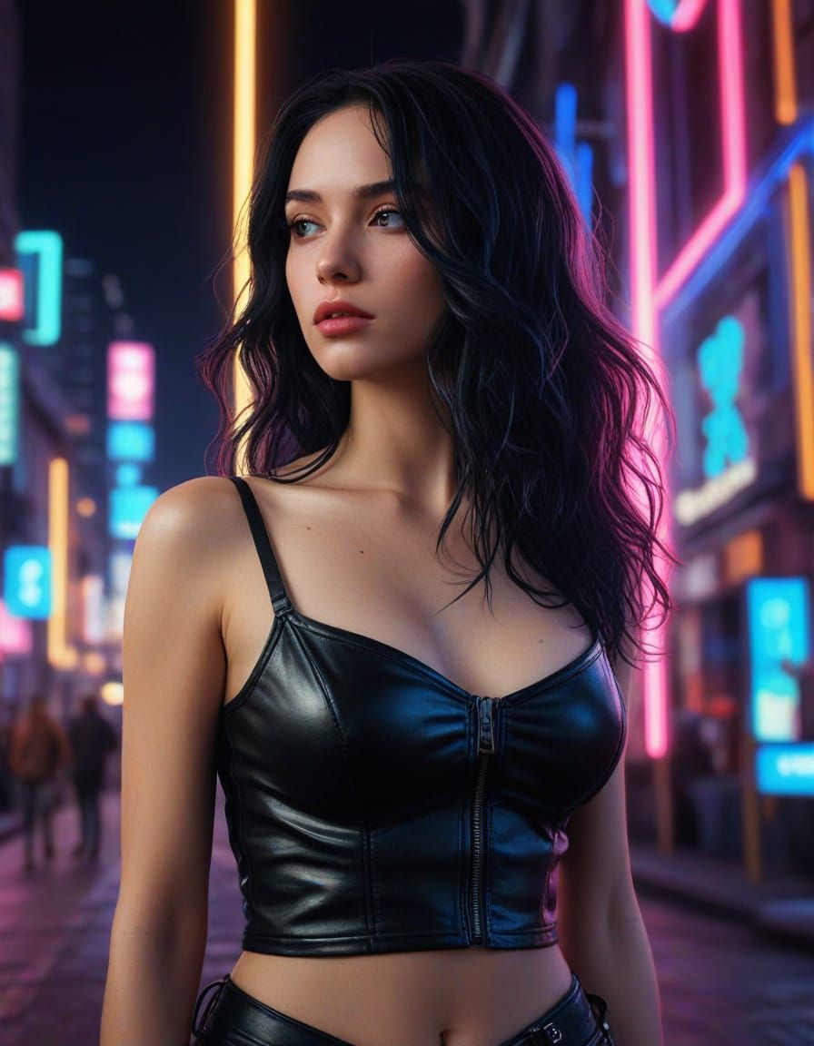 Futuristic Woman in Neon Cityscape Hyperrealistic Portrait
