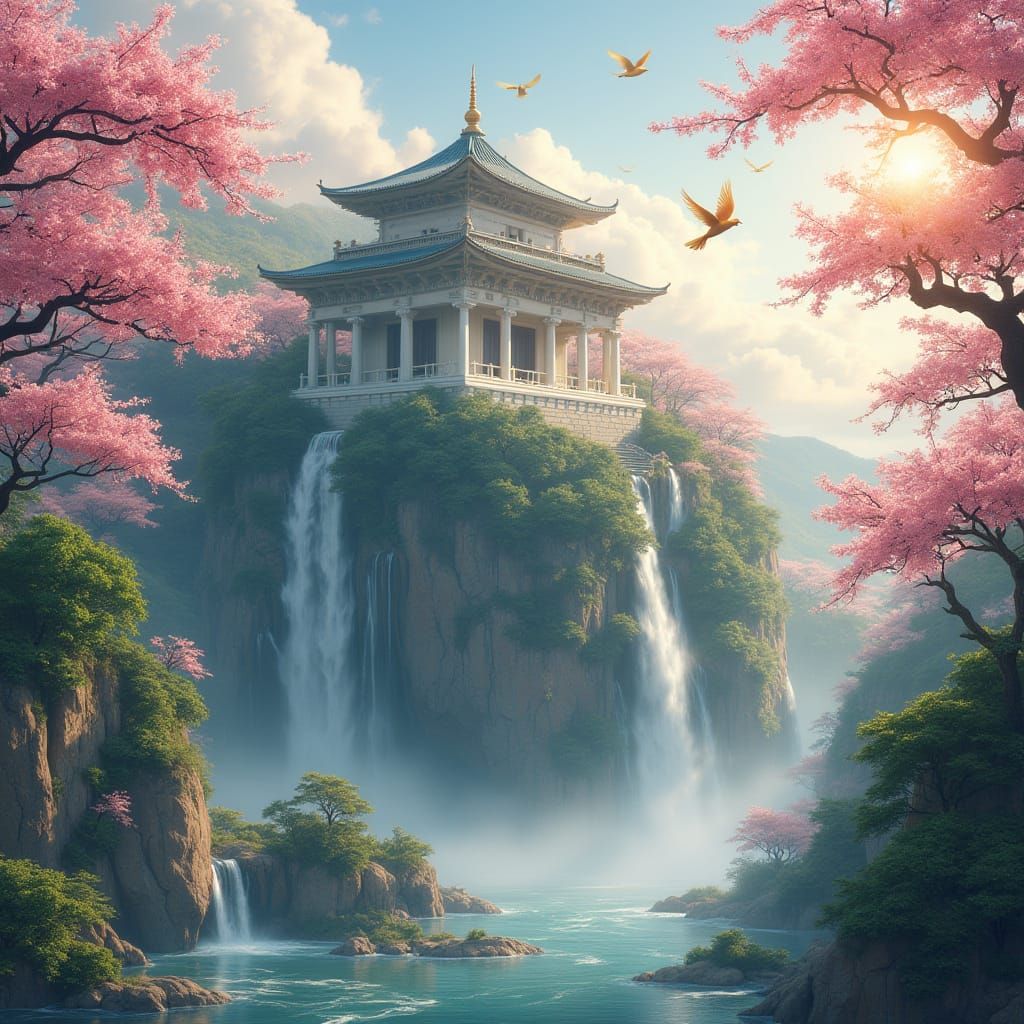 Whimsical Fantasy Temple in Cherry Blossom Paradise
