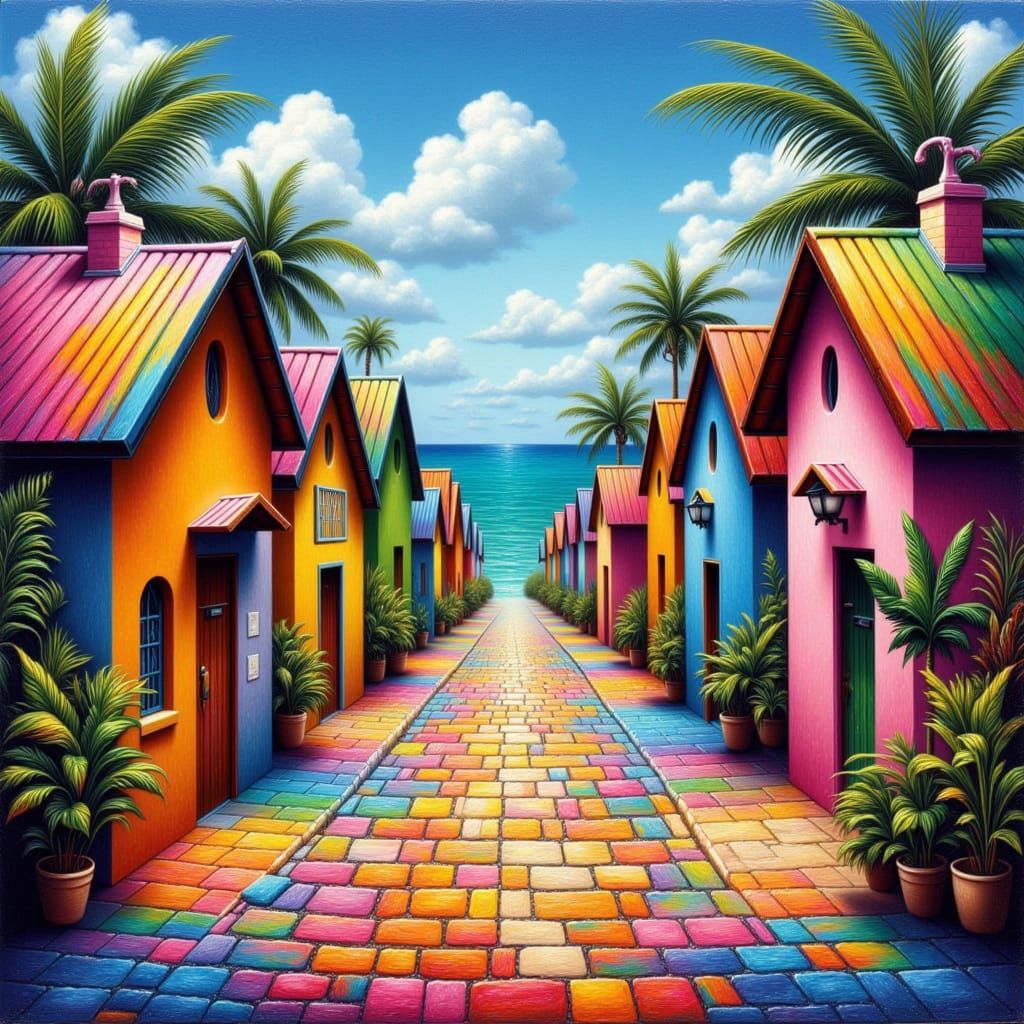 Tropical Cobblestone Street: Impasto Oil Painting