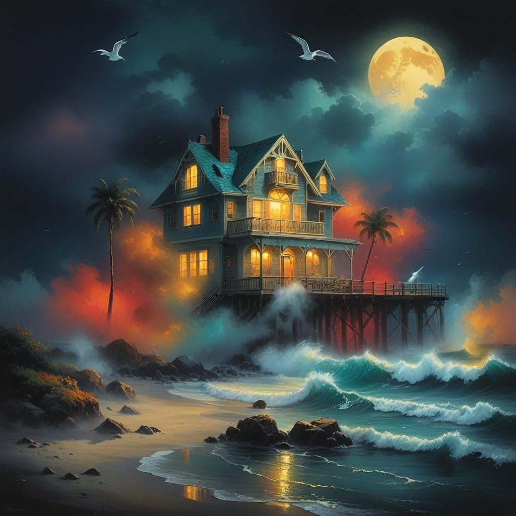Mystical Beach House Under Stormy Skies
