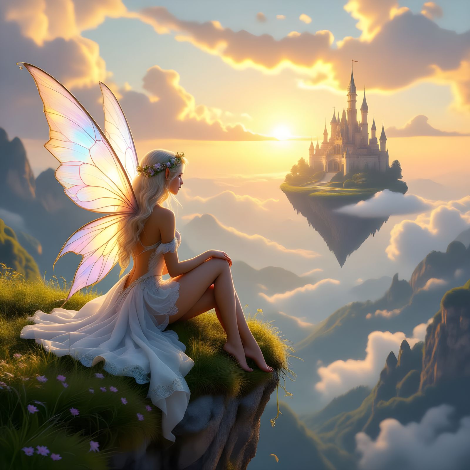 Enchanted Fairy Overlooking Fantasy Landscape at Sunset