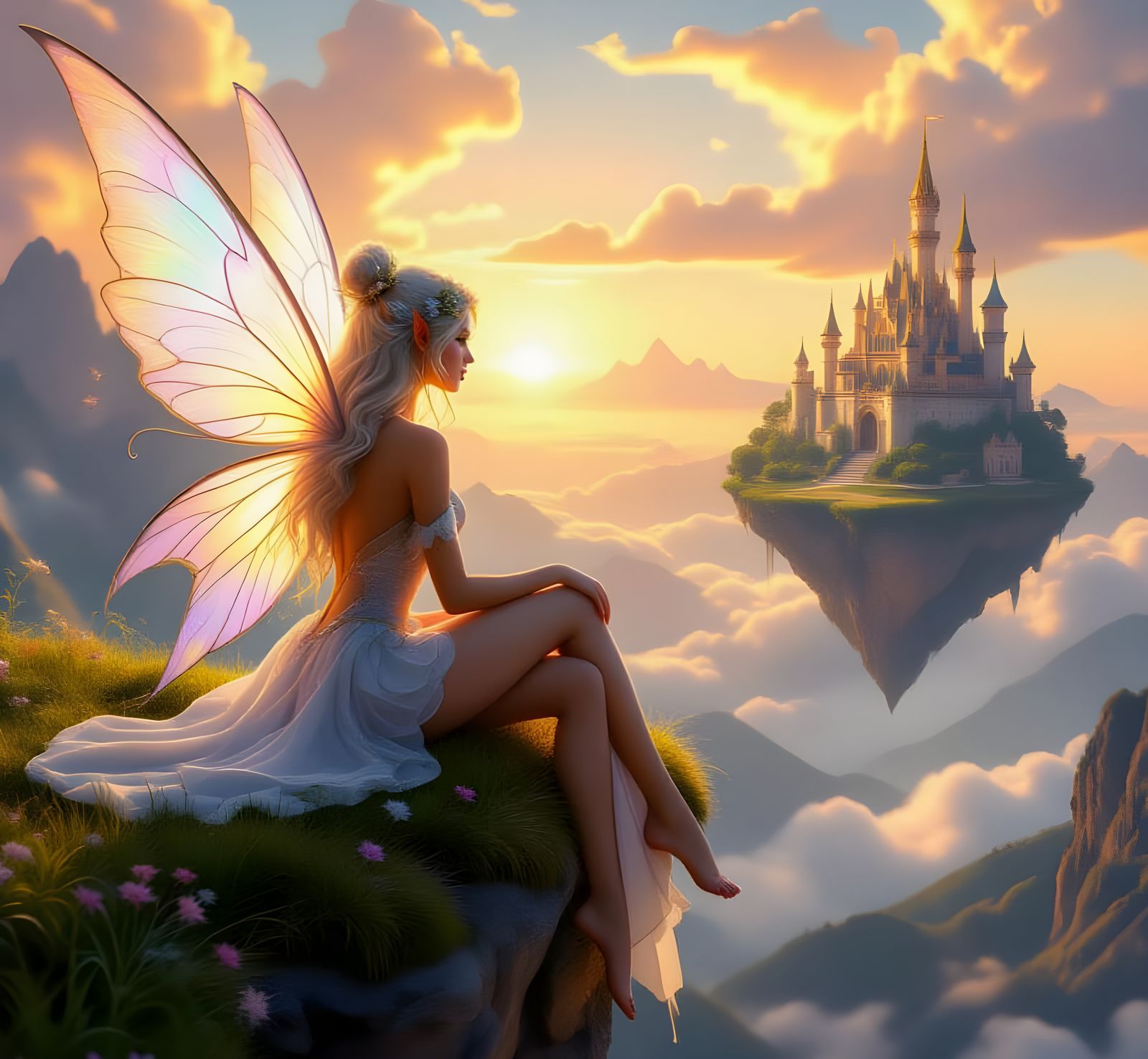 Enchanting Fairy Overlooks Fantasy Kingdom at Sunset