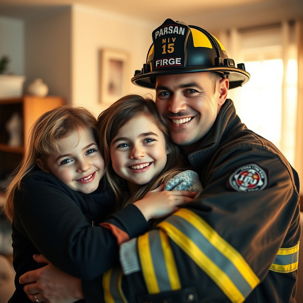 Firefighter's Tender Family Embrace: Warm Portrait
