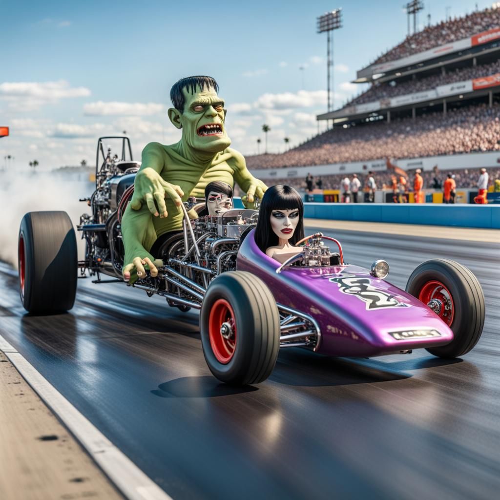 Frankenstein and Elvira racing in a Rat-Fink style dragster