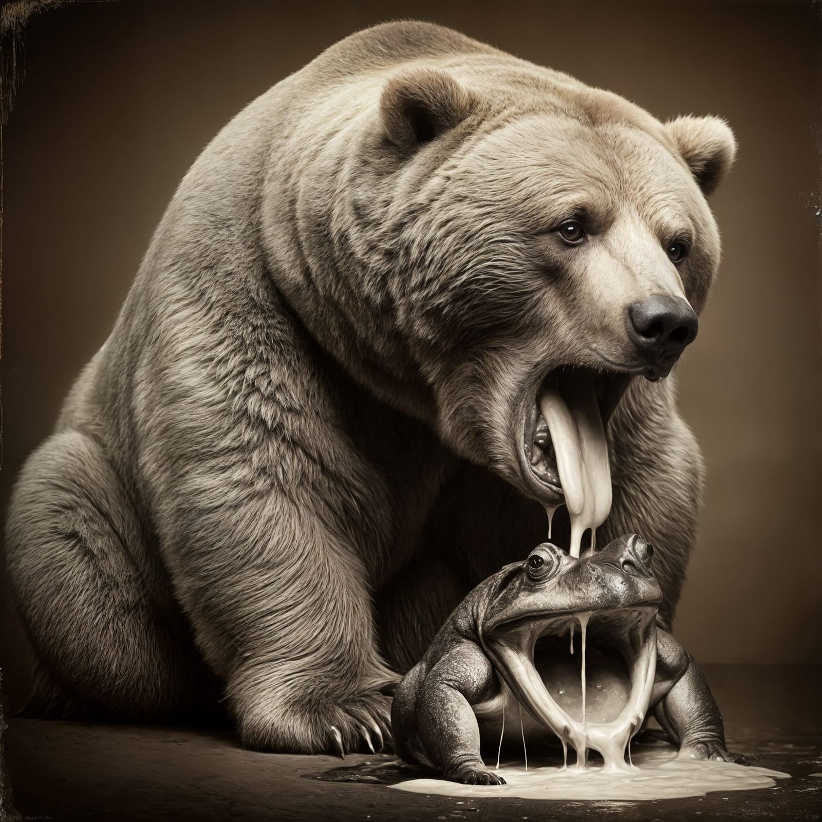 Vomiting Kodiak Bear Portrait in Vintage Photography Style