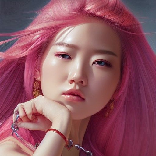 Korean Goddess with Pink Hair, Digital Illustration