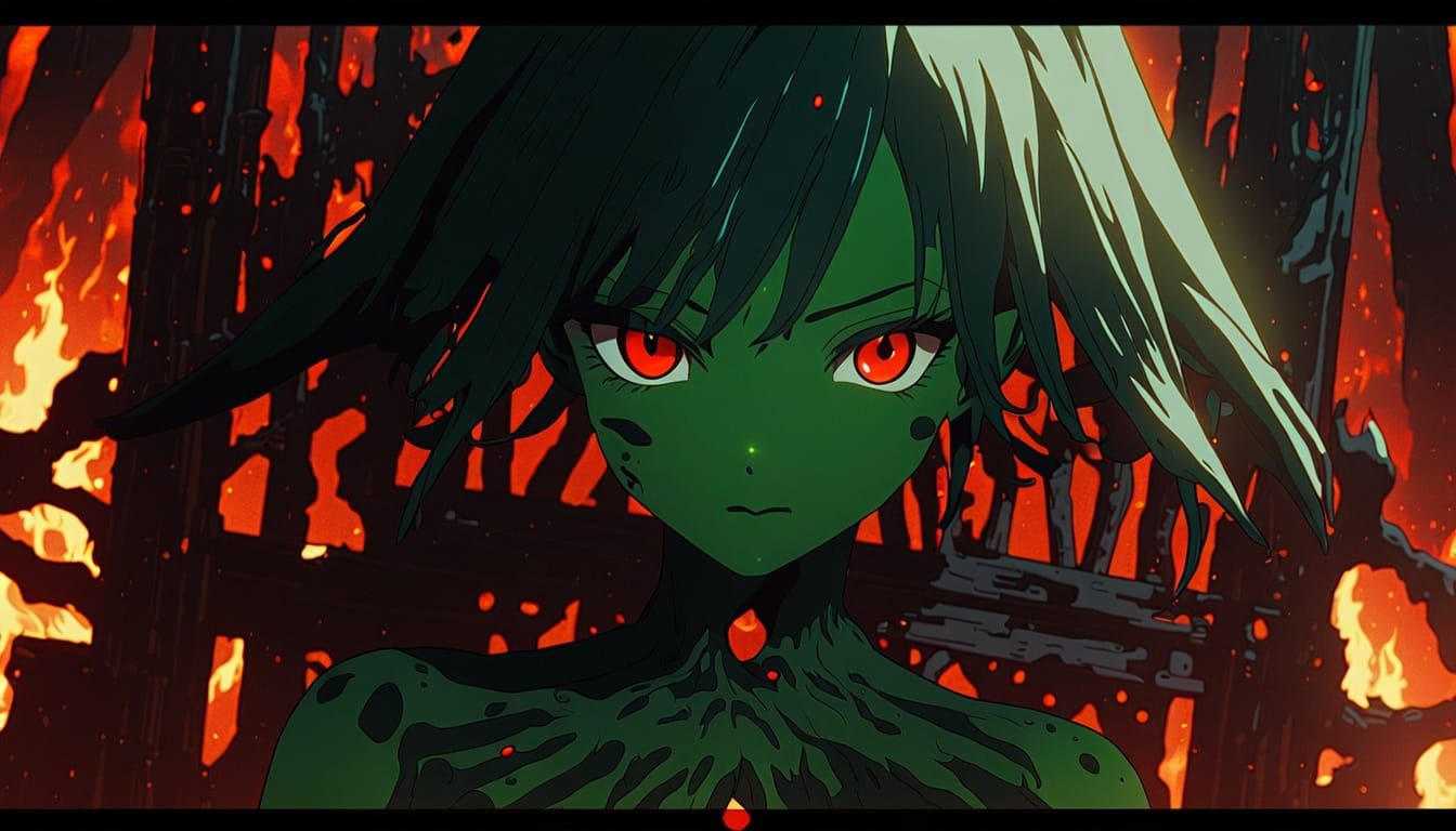 Demoness on Bone Throne in Anime Illustration Style