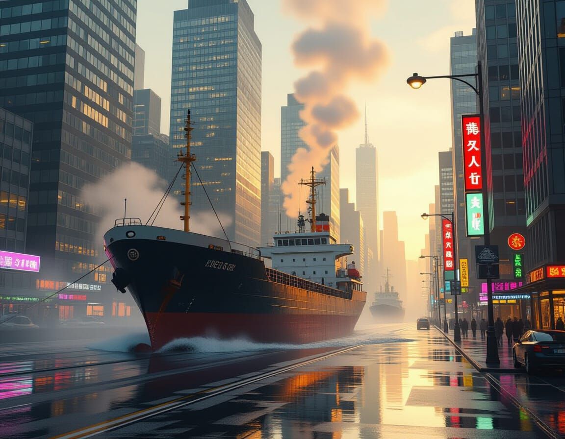 Cargo Ship in Cityscape: Hyperrealistic Sci-Fi Scene