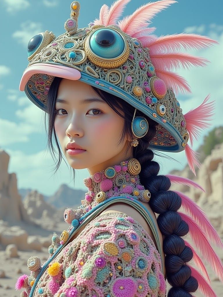Hyperrealistic Japanese Woman in Futuristic, Bohemian Attire...