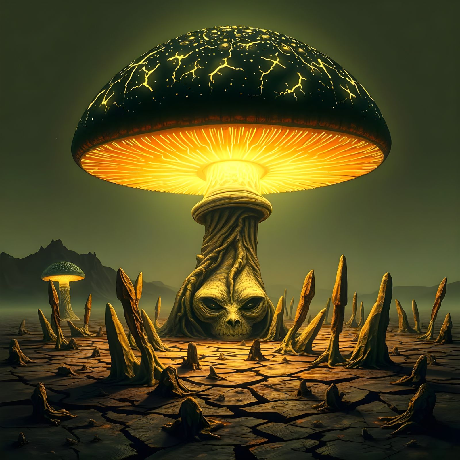 Bioluminescent Mushroom in Alien Landscape, Surreal Style