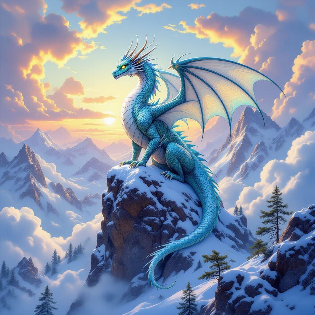 Crystal Dragon on Snowy Peak in Art Nouveau Style