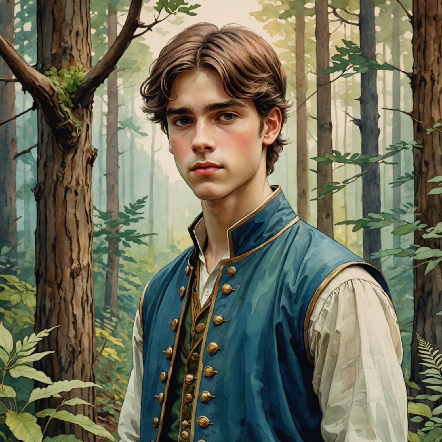 Boy Prince in Forest, Watercolor Illustration