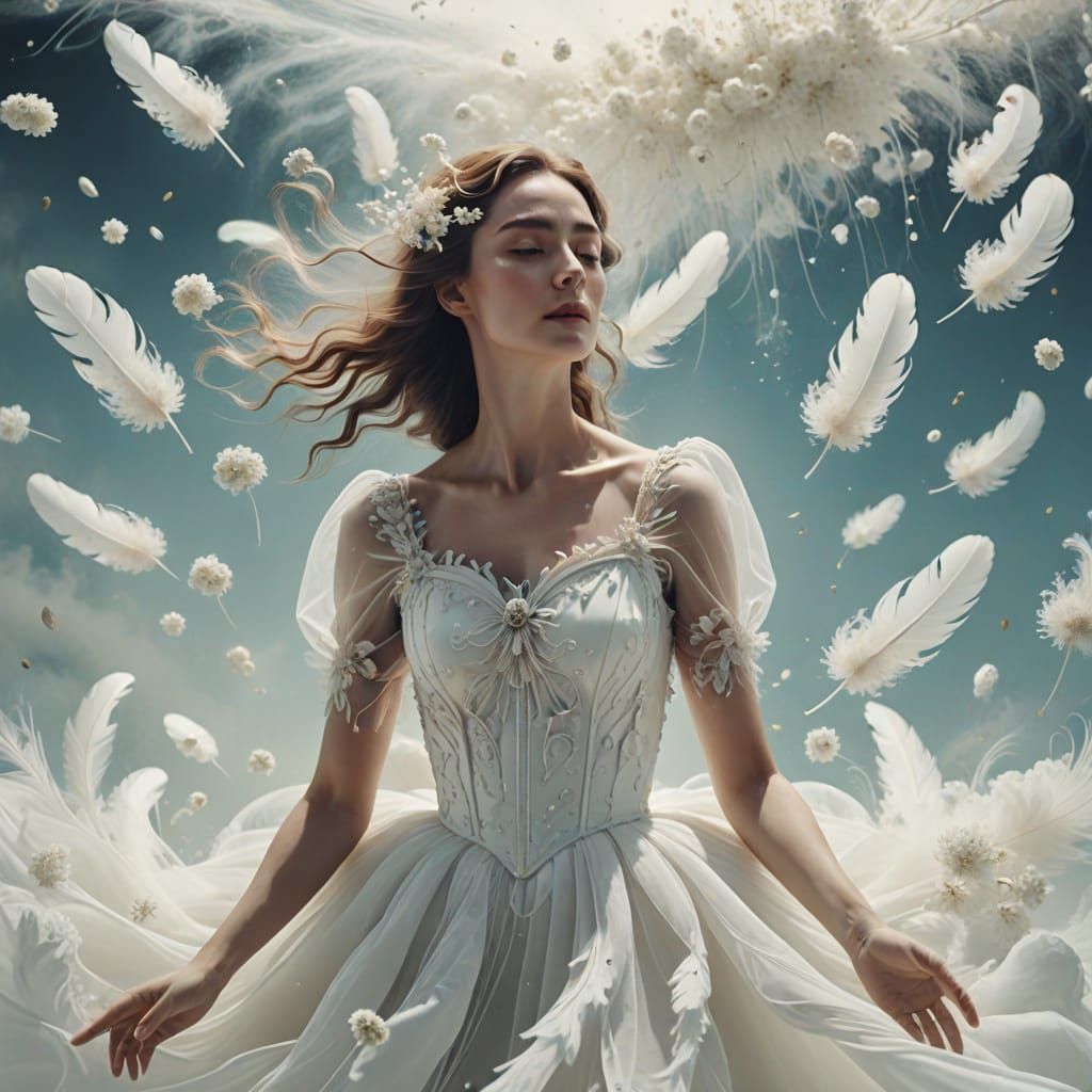 Woman in White Dress: Surrealist Dreamscape