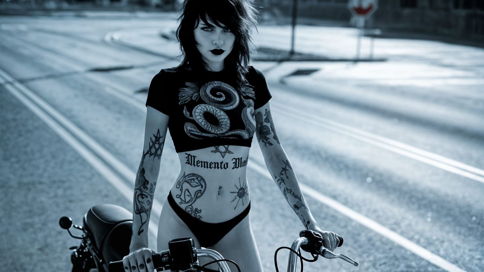 Street photography photo of a heavily tattooed young woman, with dark tousled hair, standing dominantly atop a motorcycl...