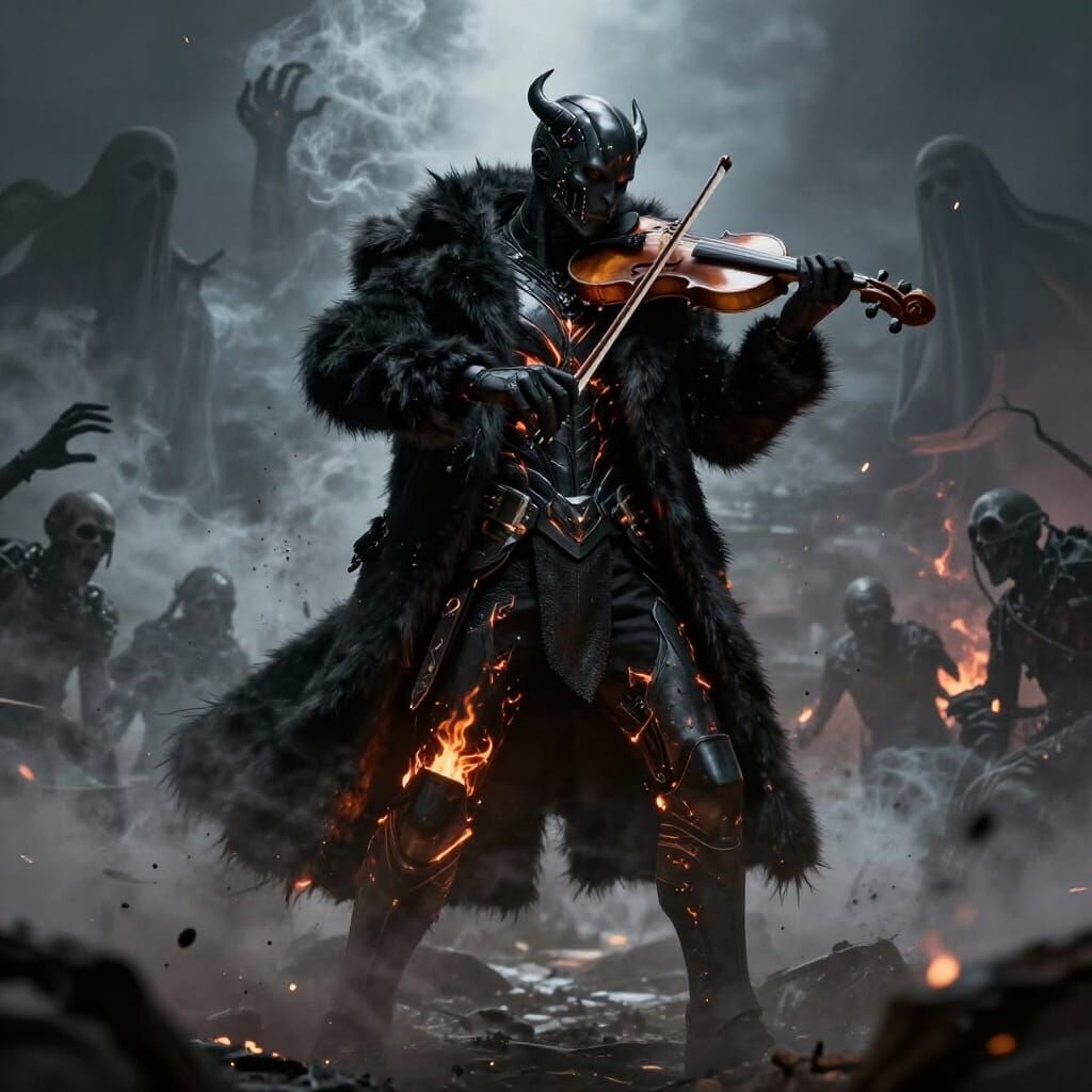 Robot Demon Warrior Plays Violin Amidst Epic Battle