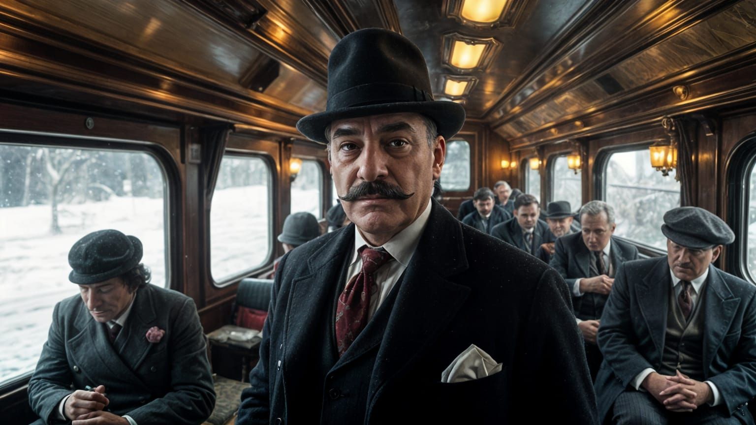 Hercule Poirot on the Orient Express in Winter Snow