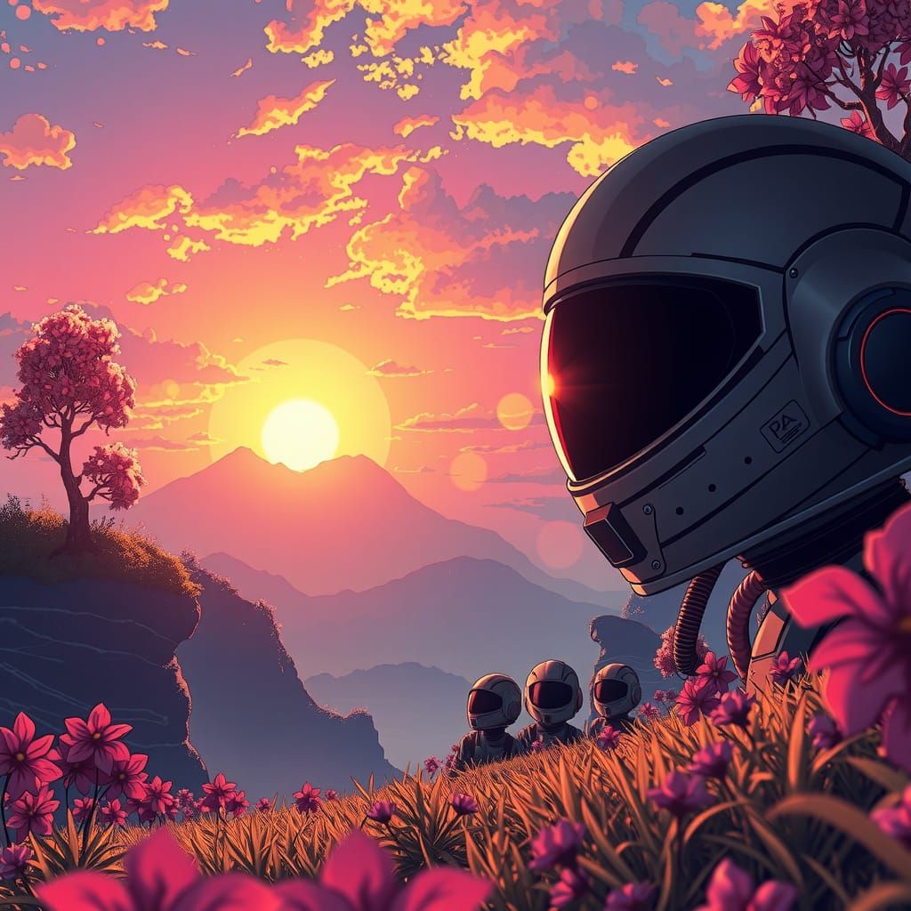 Daft Punk Helmets in Ghibli-esque Anime Landscape