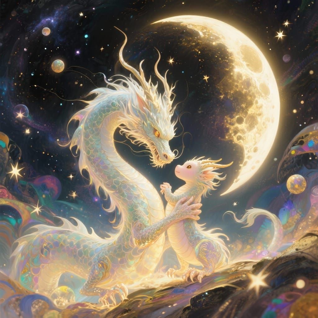 Cosmic Dragon Mother Embraces Baby Amidst Starlight