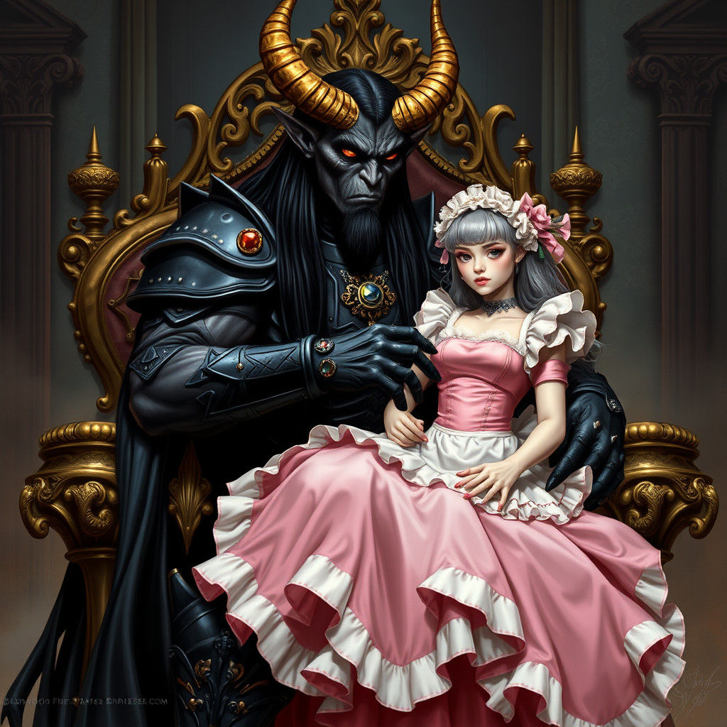 Demon King with French Maid on Throne