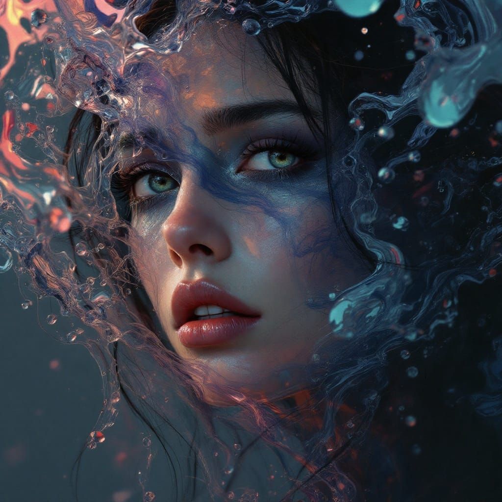 Surreal Lady in Whimsical Melancholy, Hyperrealistic Waterco...