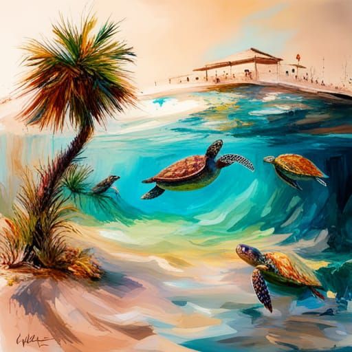 Hyperreal Turtle Portrait in Serene Tropical Setting