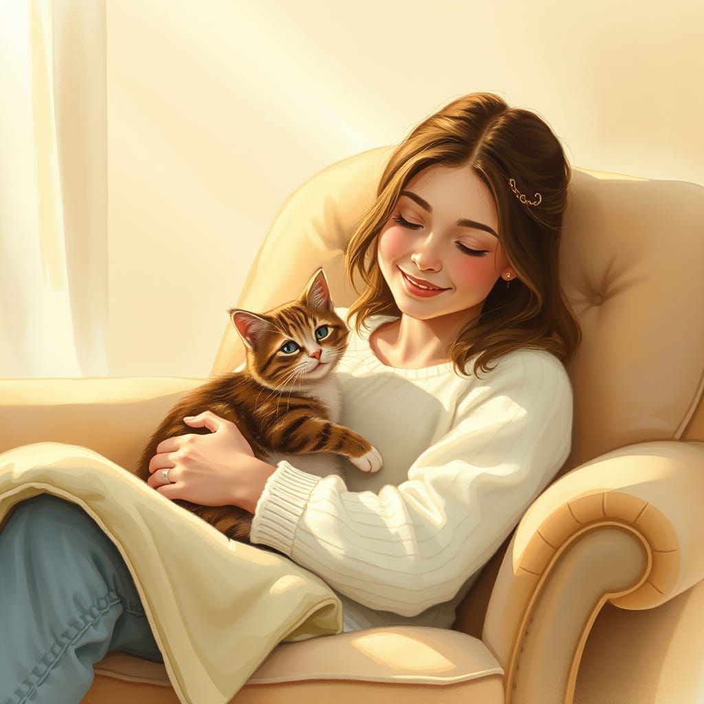 Cozy Armchair Scene with Gentle Woman and Adorable Cat