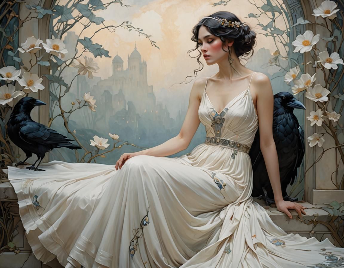 Ethereal Woman in Flowing Gown, Art Nouveau Style