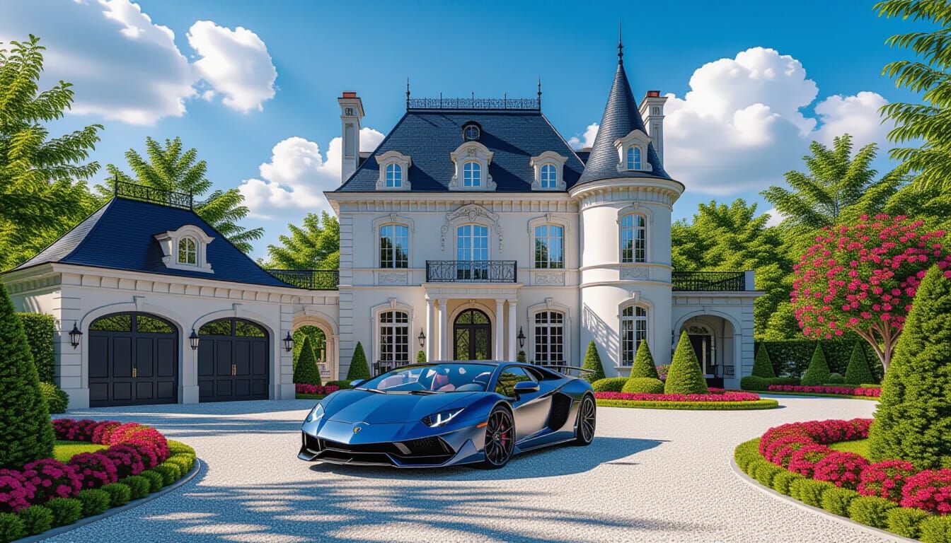 Victorian Chateau with Lamborghini in Painterly Style