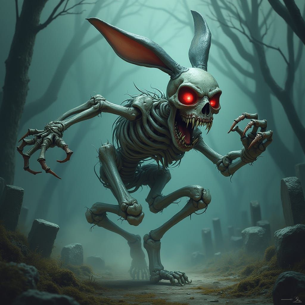 Macabre Rabbit Skeleton in a Dark, Gothic Graveyard