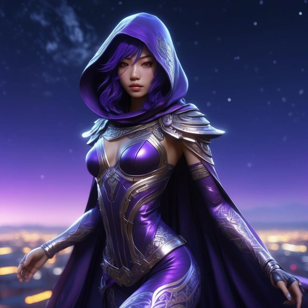 Exotic Warrior Princess Soars Above Neon Pagodas